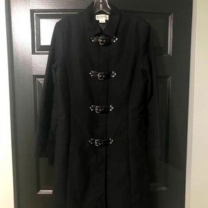 Michael Kors long black jacket silver pleather buckles studs large goth punk